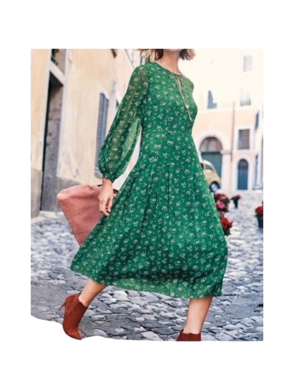 Boden Green Floral Midi Dress with Sheer Long Sleeves, Size 4 US